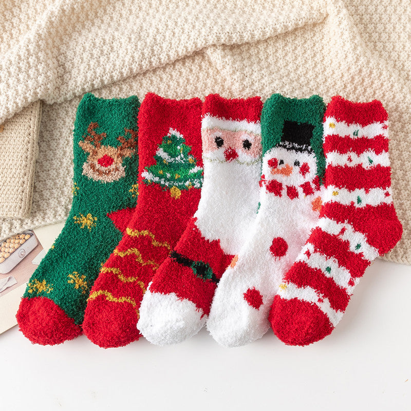 Christmas Red Socks for Children - Autumn and Winter Thickening - Warm Home Socks Coral Velvet Floor Socks Plush Middle Tube